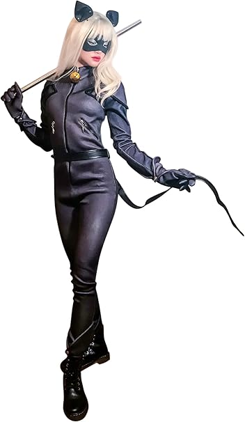 Dazcos Unisex Us Size Black Cat Cosplay Costume Jumpsuit With Eyepatch Ears