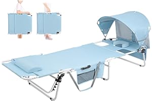 Minndudu Oversized Tanning Chair with Sun Canopy Face Hole, Heavy Duty 330 LBS Folding Chaise Lounge Chair 5 Position Reclining for Adults Outside Reading Sunbathing Poolside Beach, UPF 50+, XL