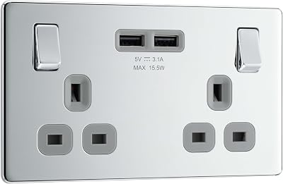 BG Electrical Screwless Flat Plate Double Switched USB Charger 13 A Chrome