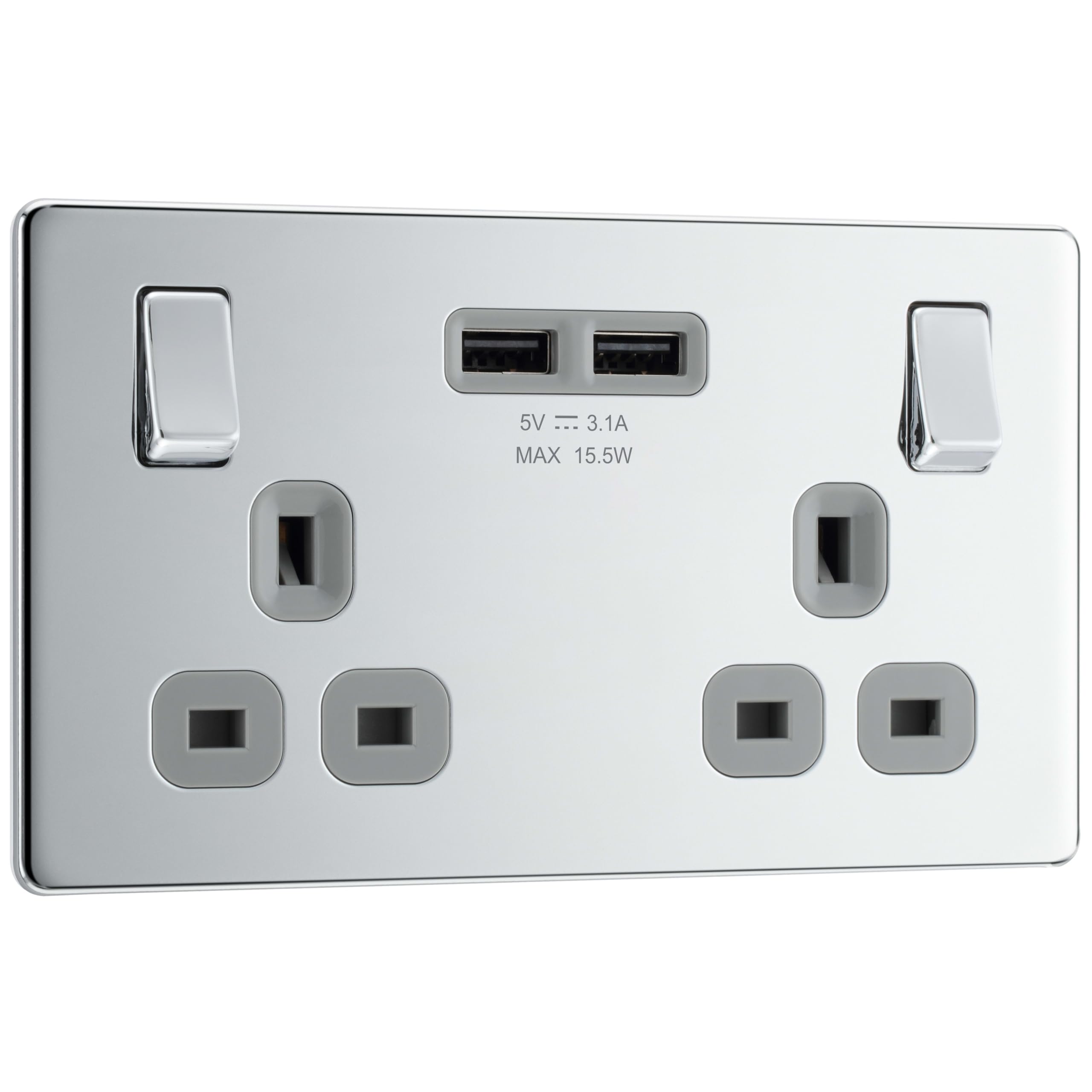 BG Electrical Screwless Flat Plate Double Switched Fast Charging, Power Socket with Two USB Charging Ports, 13 A, Polished Chrome with Grey Inserts