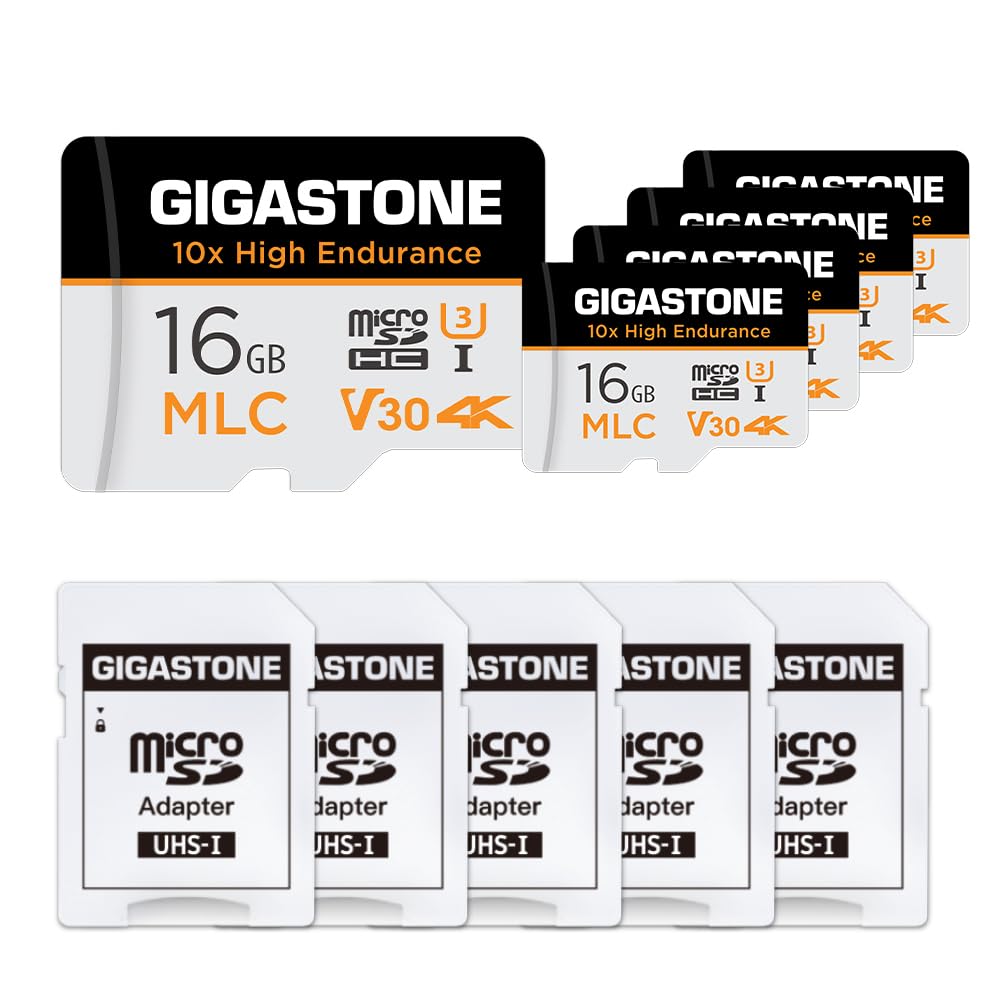 [5-Yrs Free Data Recovery][10x High Endurance] GIGASTONE MLC Micro SD Card 16GB 5-Pack with SD Adapter+5x Mini-case, 4K Video Recording, Security Cam, Dash Cam, Surveillance Compatible 95MB/s, U3 C10