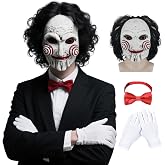 QUJQOM Scary Adult Halloween Costumes Mask Men Billy Mask Scary Movie Cosplay Full Head Latex Mask with Bow Tie Gloves QM062