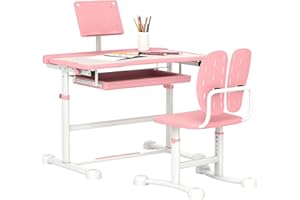 Qaba Kids Desk and Chair Set, Height Adjustable Kids Study Table and Chair Set with Tilt Desktop, Large Writing Board, Storag