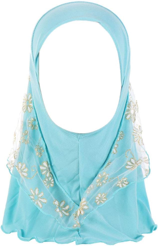 Girls Kids Muslim Hijab Islamic Arab Scarf Shawls Beautiful Lace Flower Pattern