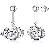 Pytali Cat Earrings 925 Sterling Silver Earrings Hypoallergenic Nickel Free Earrings for Sensitive Ears Silver Stud Earrings Kawaii Rose Quartz Birthstone Animal Stud Earrings Jewelry Gift for Women