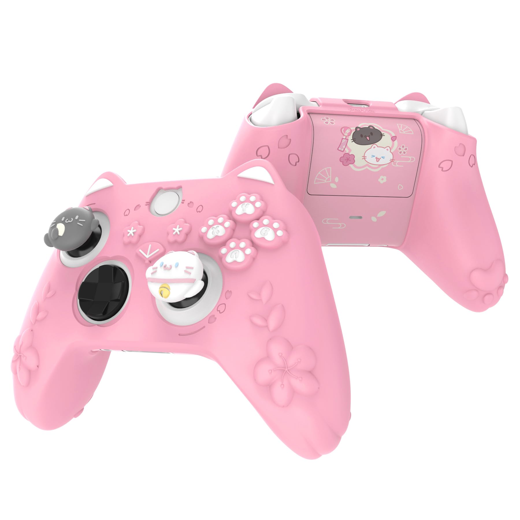 PlayVital Cute Silicone Controller Skin for Xbox Series X/S - Cherry Blossoms Kitten Anti-slip Grip Protector W/Thumb Grips & Sticker - Soft Rubber Cover for Xbox Core Wireless Controller - Pink