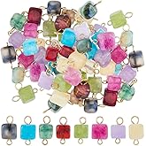 SUPERFINDINGS 32Pcs 8 Colors Natural Gemstone Connector Charms Cube Charms Connectors with 304 Stainless Steel Double Loops