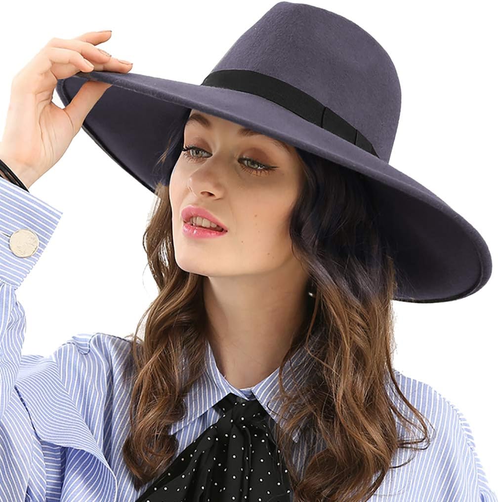 Aniwon Wool Wide Brim Trendy Flat Top Fedora Hat Retro Trilby Jazz Cap for Women