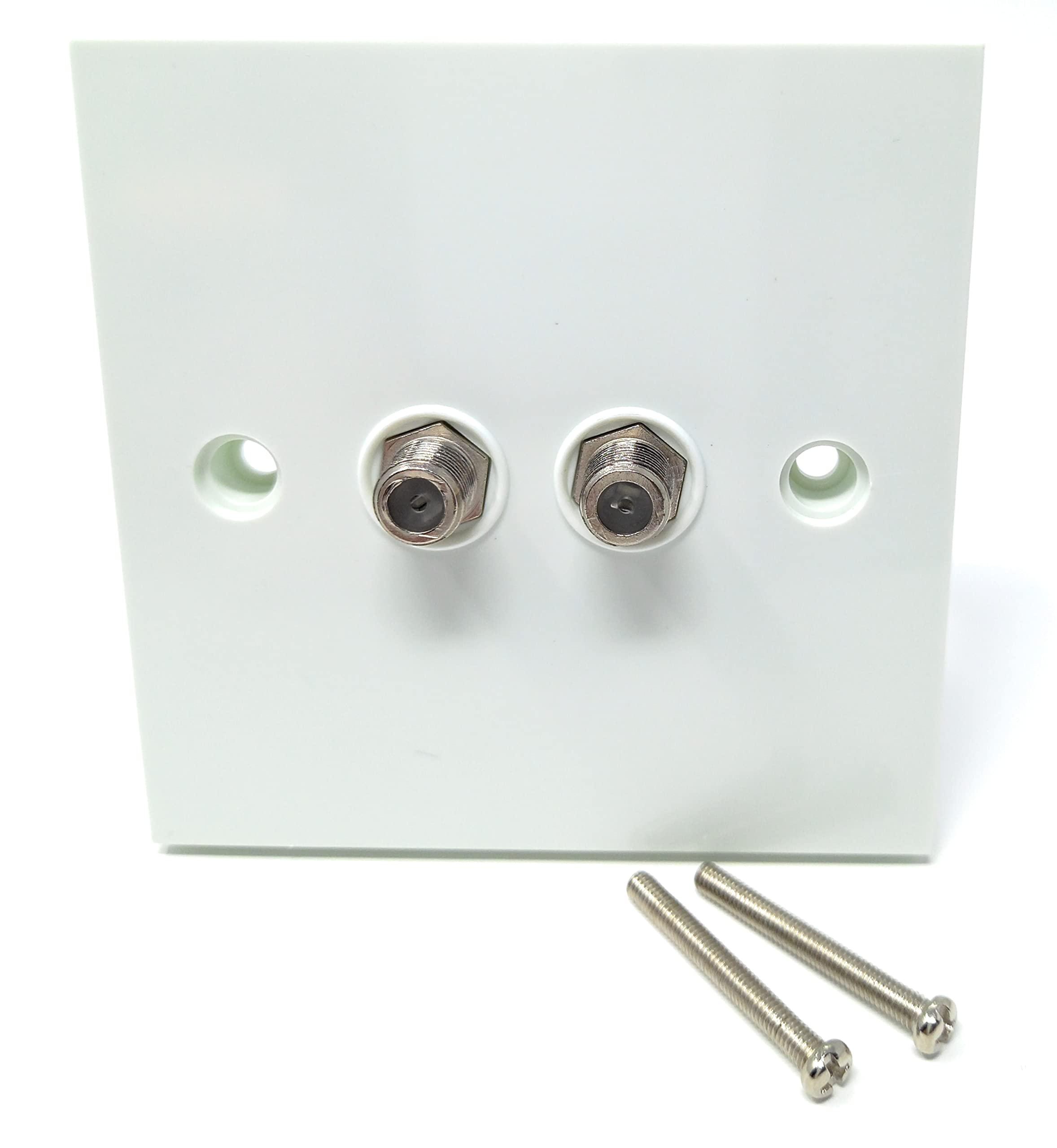 Twin Satellite, TV Outlet F-Type Male Screw Socket Connector, Wall Plate Faceplate, UK Standard, Single Gang, White (Twin F Socket, White)