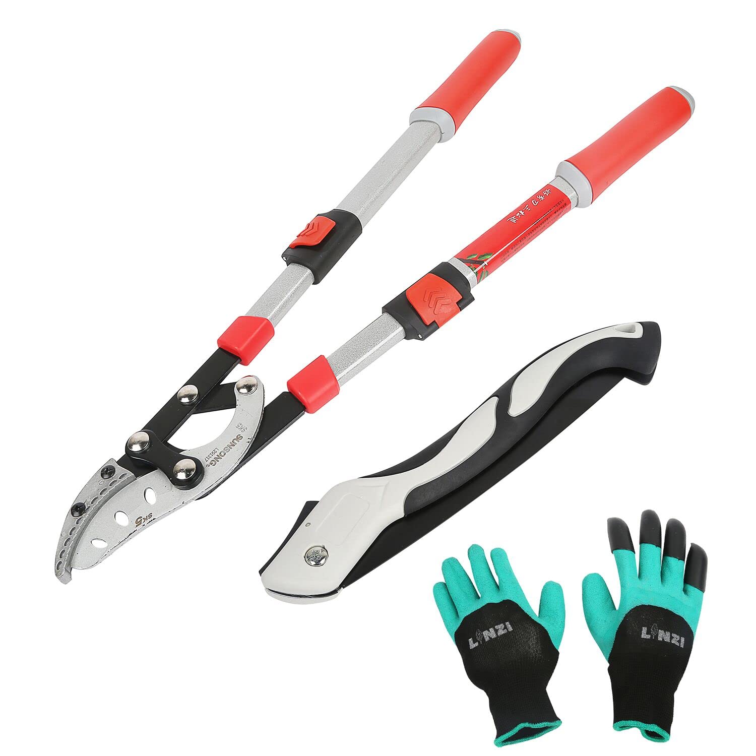 LINZI Garden Loppers Set 3PCs, Heavy Duty Telescopic Ratchet Anvil Loppers Aluminum Handle 695mm-1025 mm + 250mm Folding Pruning Saw Hacksaw + Garden Gloves, Gardening Care Kit