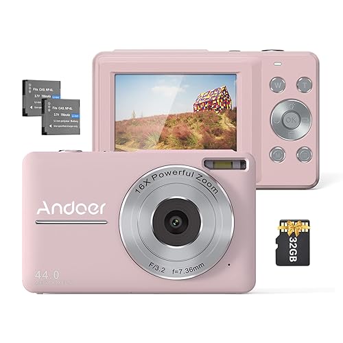 Andoer Digital Camera Pink Digital Camera With 2Pcs Rechargeable Batterie 32Gb Memory Card 1080P 44M Hd 16X Digital Zoom Anti-Shake Auto Focus 2.5 Ips Screen Smile Lcd Screen For Kids Children Holiday