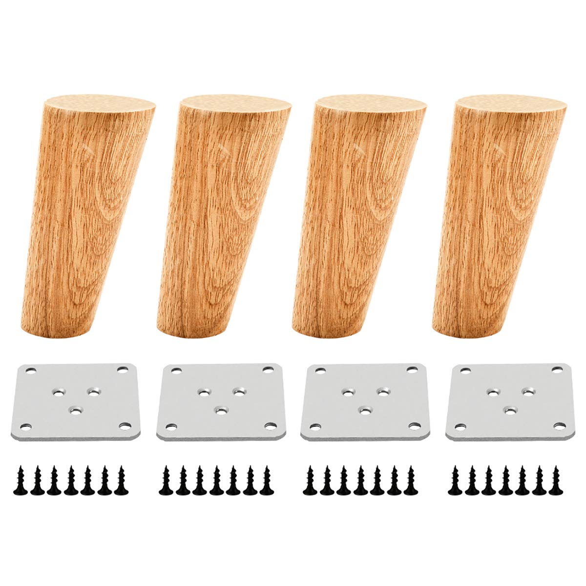 Qrity 4 PCS Wooden Furniture Legs, Oblique Tapered Replacement Sofa Feet 10CM Height with Non-slip Mat, Screws & Mounting Plate