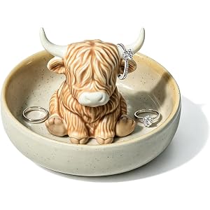 Highland Cow Gifts for Women, Ceramic Highland Cow Ring Holder with Circular Tray, Wedding, Christmas, Birthday Gifts for Wom
