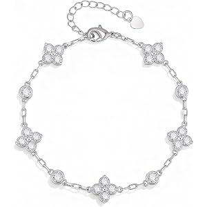Gold Floral Bracelet for Women - 18K Gold Plated Cubic Zirconia Four Leaf Flower Bracelets, Dainty Adjustable Lucky Charm Bra