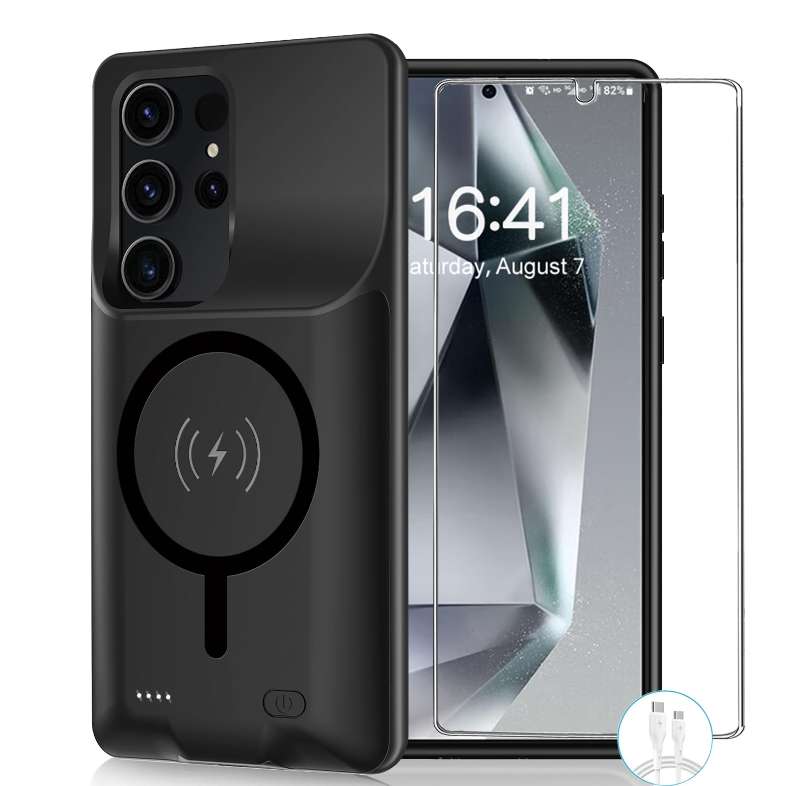 Battery Case for Galaxy S24 Ultra, Powerful 12000mAh Extended Portable Protective Charging Cover Backup Compatible with Galaxy S24 Ultra Wireless Charger Case with 1x Screen Protector & 1x Cable-Black