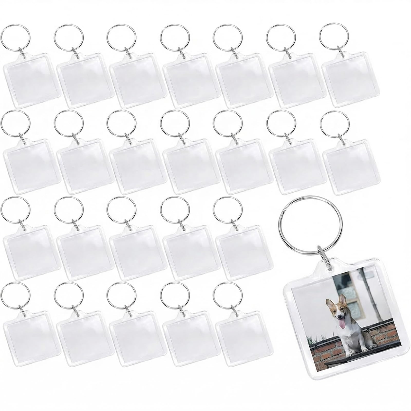 25 PCS Transparent Acrylic Photo Frame Keyring Square-shaped Blank DIY Picture Insert Frame Keychains Key Rings for Unisex Friends Family Couple Craft Artwork