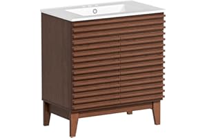 ROOMTEC 30" Bathroom Vanity with Sink, Mid-Century Freestanding Bathroom Vanity Sink with Storage Cabinet, Undermount Ceramic Sink, Particleboard Frame with Wood Grain Laminate, Walnut