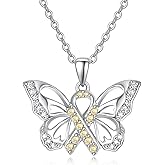 TANGPOET Cancer Miscarriage Necklace Gifts for Women 925 Sterling Silver PTSD Awareness Butterfly Pendant Necklace Jewelry Strength Inspirational Gifts with 18"+2" Chain