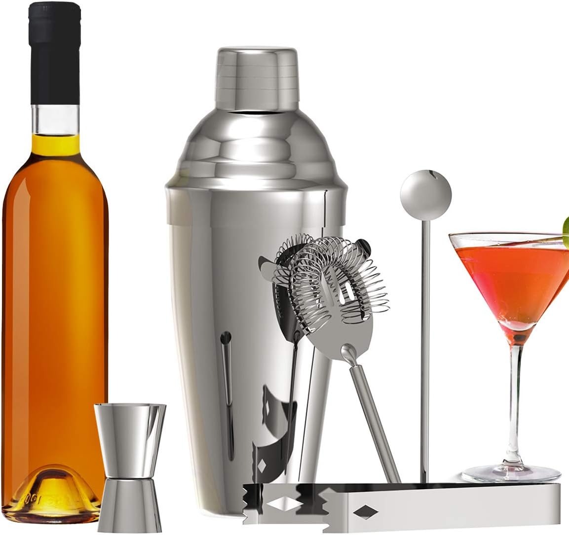 Cocktail Making Set, METALBAY Stainless Steel Cocktail Shakers Home Bar with 750ml Shaker, 25ml Measure Jigger, Strainer, Mixing Spoon and Ice Tong