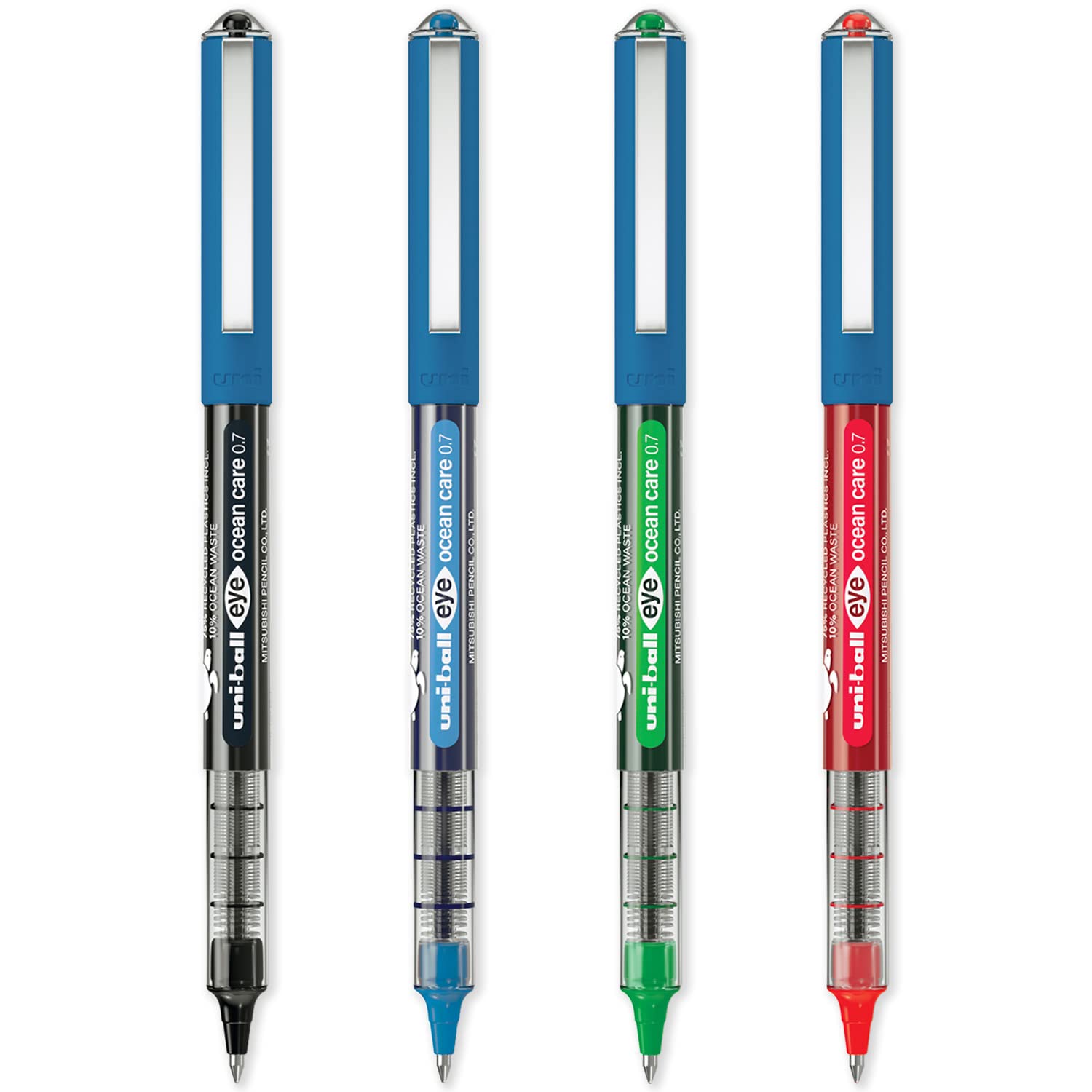 uni-ball Eye Ocean Care UB-157ROP Rollerball Pens - Fine 0.7mm Ballpoint Tip - Writing, Drawing, Art, Crafts and Colouring - Fade and Water Resistant - Pack of 4 - Black, Blue, Green & Red