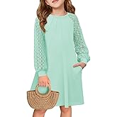 Haloumoning Girls Contrast Lace Long Sleeve Dress Kids Casual Pleated A Line Short Dresses with Pockets 5-14 Years