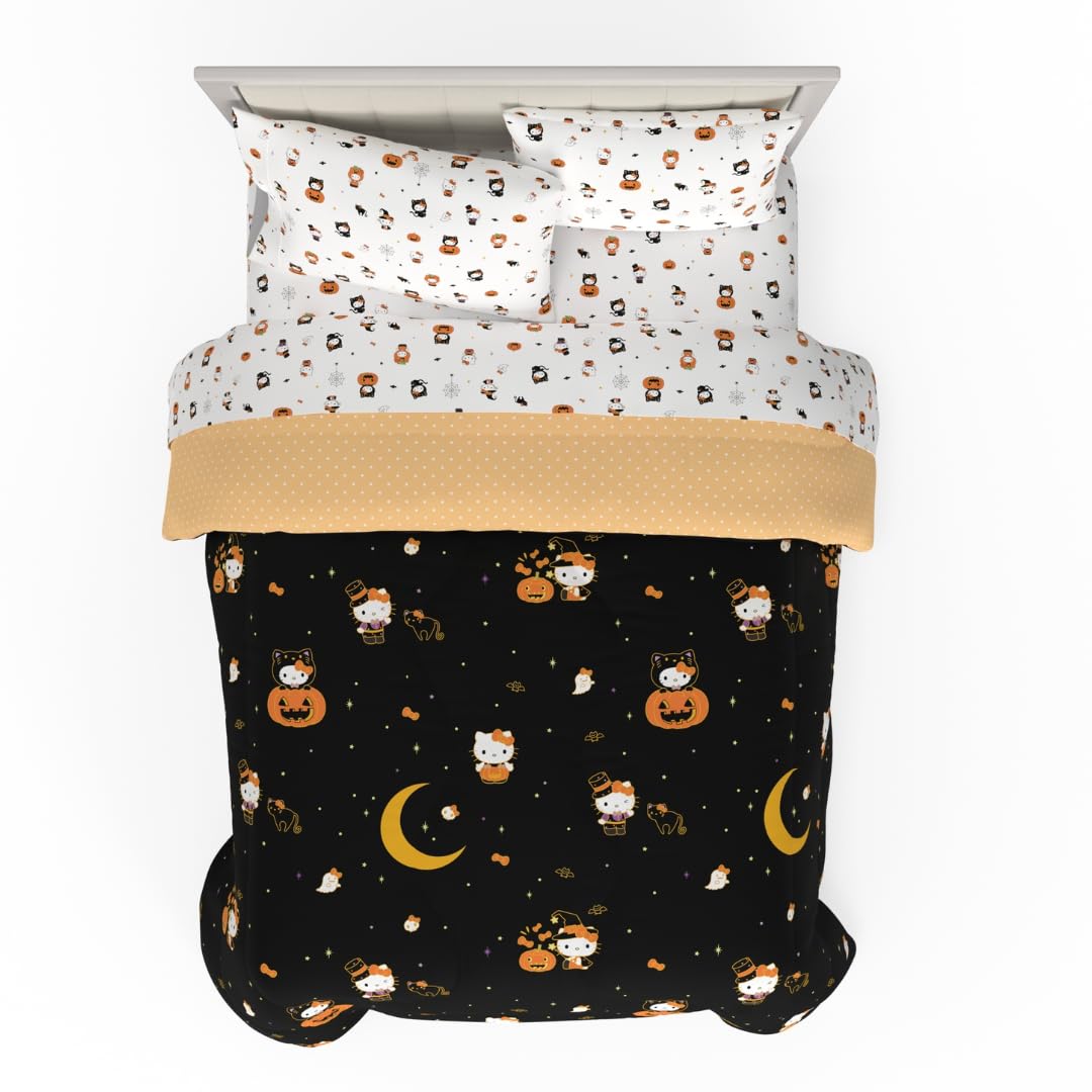 Sanrio Hello Kitty Halloween Pumpkin Queen Bed Set – Super Soft & Cozy 5 Piece Reversible Comforter and Sheet Set (Officially Licensed Product) by Franco Image