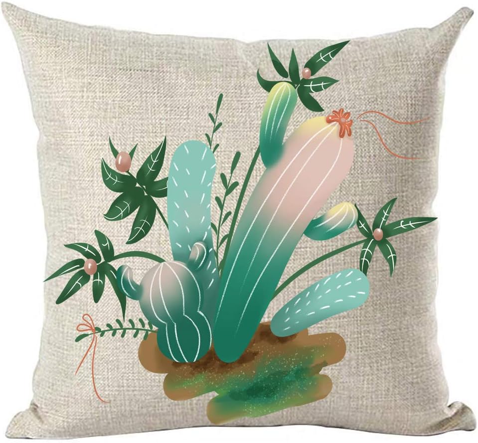 ramirar Hand Painted Ink Painting Watercolor Green Cactus Leaves Oasis Decorative Throw Pillow Cover Case Cushion Home Living Room Bed Sofa Car Cotton Linen Square 18 x 18 Inches