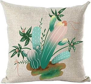 ramirar Hand Painted Ink Painting Watercolor Green Cactus Leaves Oasis Decorative Throw Pillow Cover Case Cushion Home Living Room Bed Sofa Car Cotton Linen Square 18 x 18 Inches
