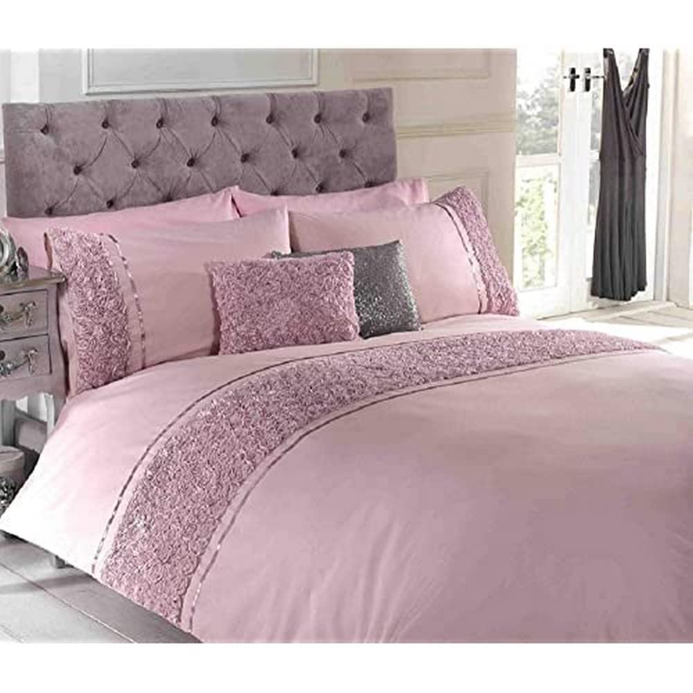 Rapport Duvet Quilt Cover Set Bedding Raised Rose & Ribbon Polycotton, Cotton and Polyester