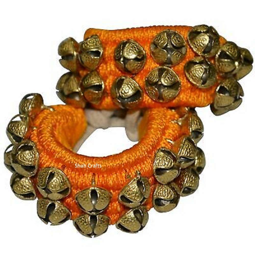 Shah Crafts Kathak Dancing Ghungroo Bells 20 + 20 Bells Musical Anklet Pair Indian Classical Dancers Musical Instrument 2 Row Tied with Yellow Velvet Pad