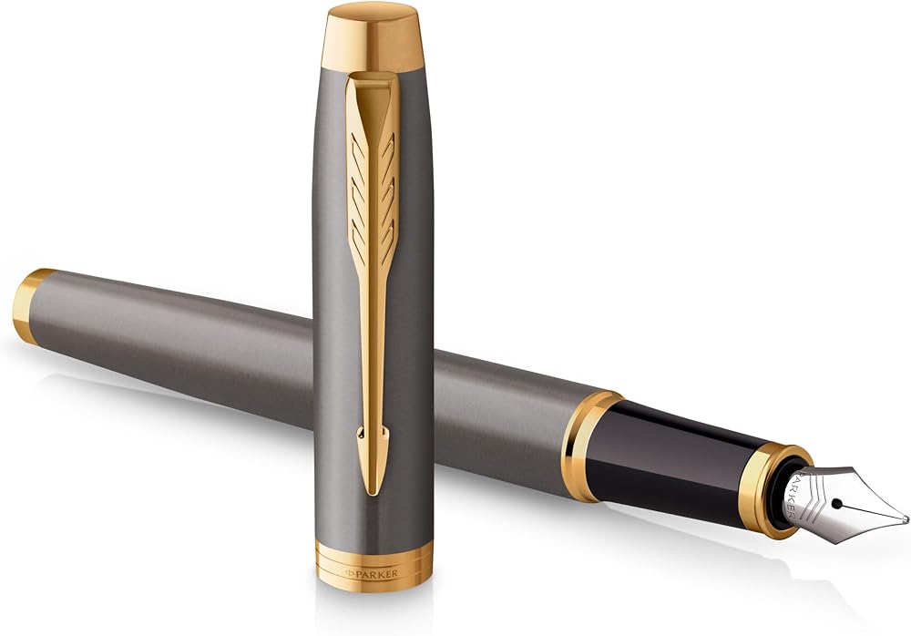 Parker IM Fountain Pen Grey Lacquer Gold Trims Medium Nib Gift Box