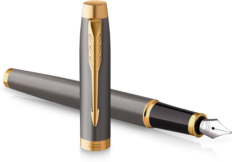 Parker IM Fountain Pen Grey Lacquer Gold Trims Medium Nib Gift Box