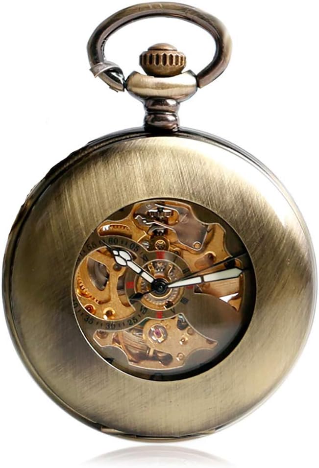 Retro Bronze Automatic Mechanical Pocket Watch Arabic Numerals Watch with Chain Creative Transparent Glass Cover Necklace