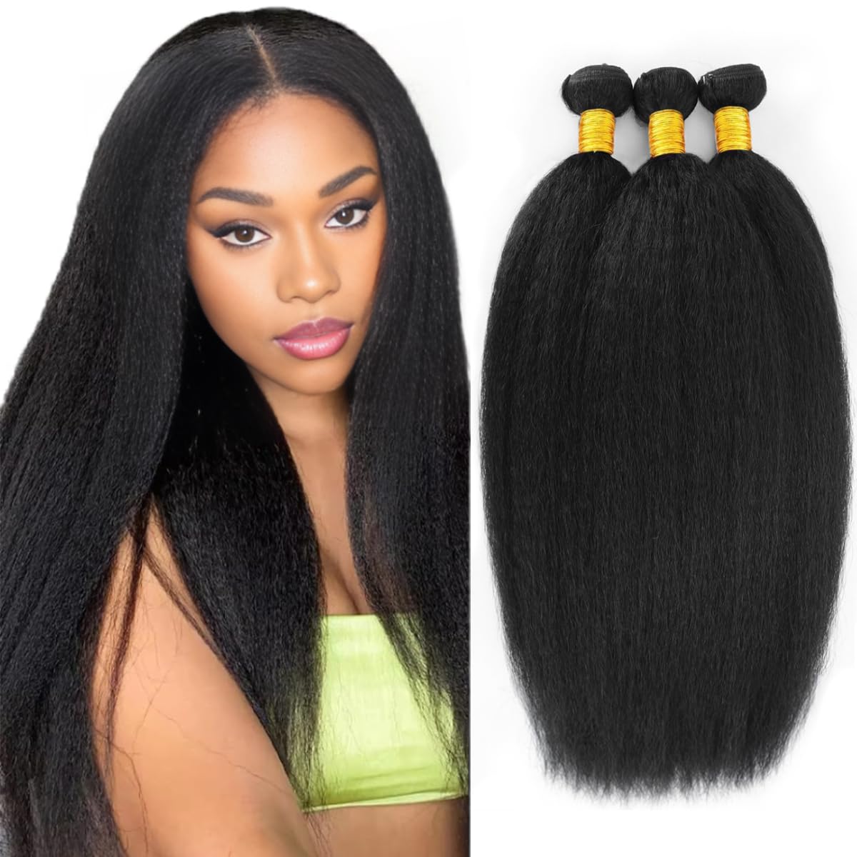 Bundles Human Hair Kinky Straight 3 Bundles Yaki Straight Bundles Kinkystraight 12A 100% Unprocessed Brazilian Virgin Human Hair Bundles for Black Women Natural Black Hair Extension 16 18 20 Inch