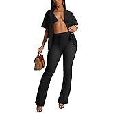 ZERMOM Women's 2 Piece Crochet Outfits Hollow Out Swimsuit Button Up Tops Wide Leg Pants Beach Sets