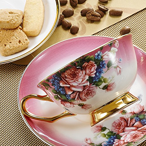 Panbado 3 Piece Bone China 6.8 oz Coffee Saucer Spoon Vintage Porcelain Tea Cup Set, Service for 1-Red Flower