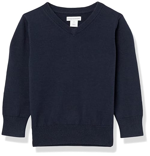 Amazon Essentials Unisex Kids' Uniform Cotton V-Neck Sweater, Navy Heather, Small