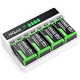 HiQuick 4 Bay 9V Li-ion Battery Charger with 4 Pack 9V 600mAh Lithium Rechargeable Batteries for Smoke Alarm Detectors