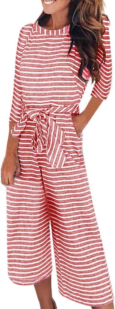 Morecome, Women Trend Half Sleeve Striped Casual Clubwear Wide Leg Pants Outfit Jumpsuit