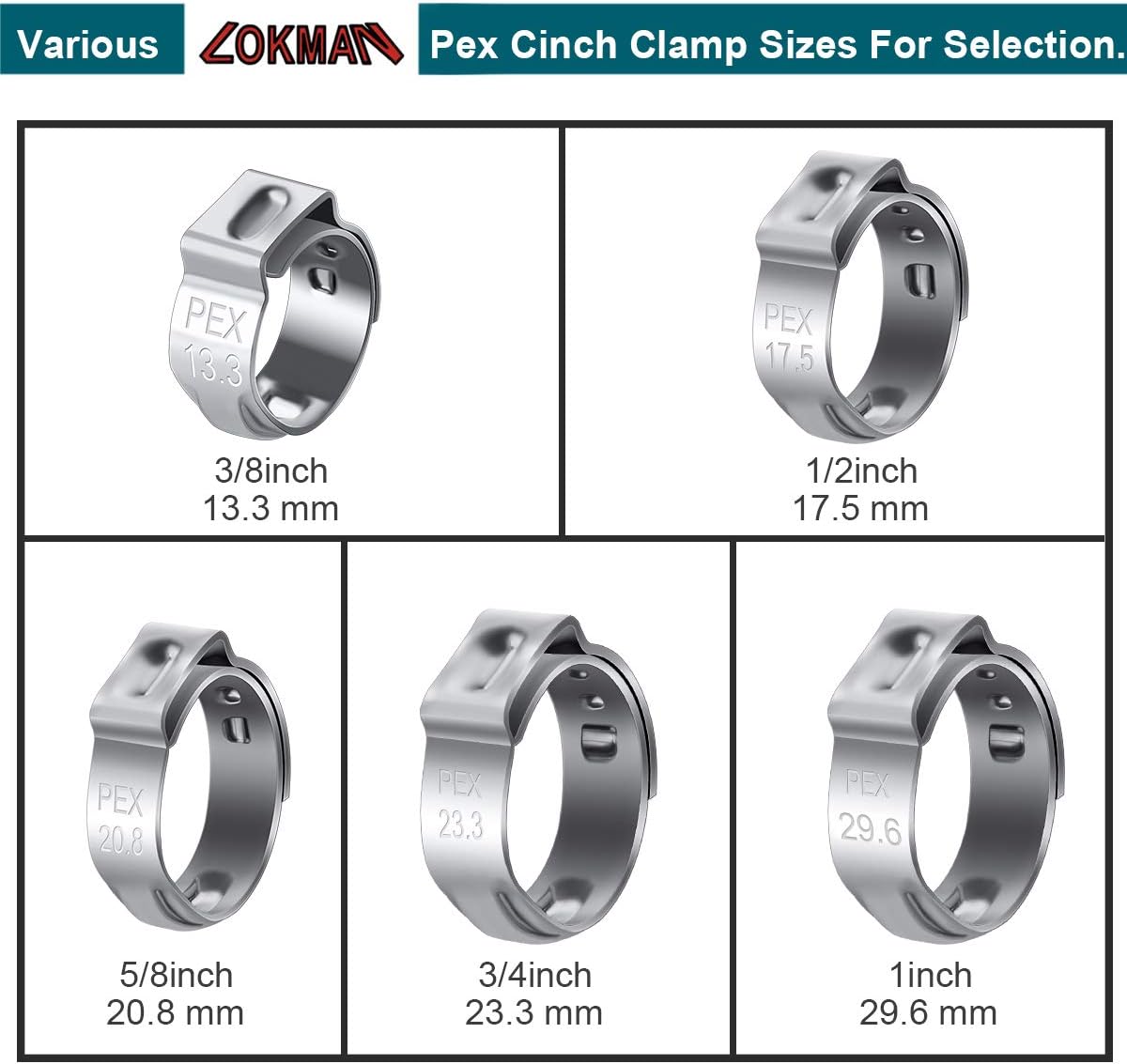 LOKMAN 50 Pack 1/2 Inch PEX Cinch Clamps, Stainless Steel Cinch Crimp Rings Pinch Clamps for PEX Tubing Pipe Fitting Connections (1/2 Inch) - - 