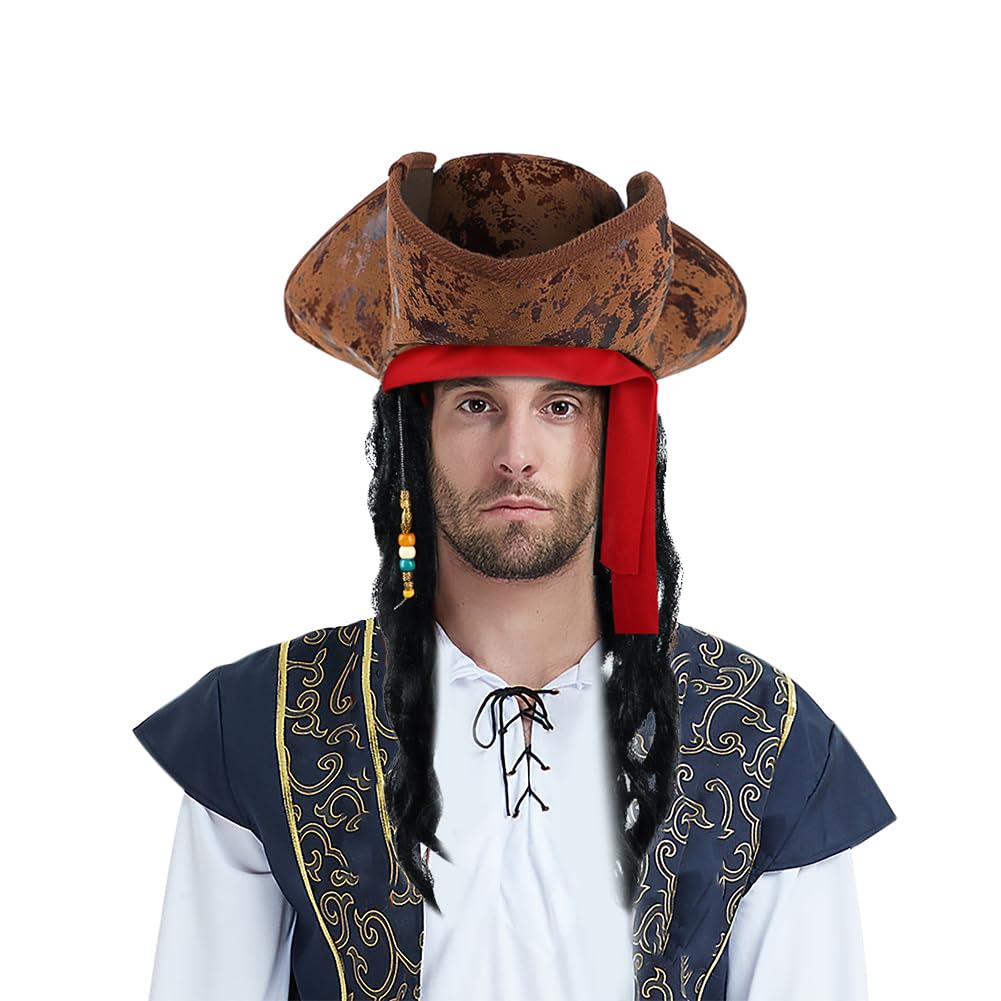 Pirate Hat Tricorn Hat with Braids Halloween Pirate Dreadlock Hat Brown Pirate Captain Hat Wig Prirate Costume Accessories Pirate Cosplay Hat Caribbean Party Hats Medieval Hat Halloween Fancy Dress — image 1