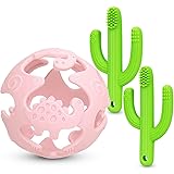 SHARE&CARE BPA Free Baby Teething Toys Set, 1pc Natural Organic Dinosaurs Teether Ball and 2pcs Silicone Cactus Toothbrush Te