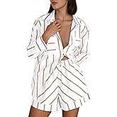 Tankaneo Womens Striped 2 Piece Outfits Button Down Shirts and Shorts Lounge Matching Sets