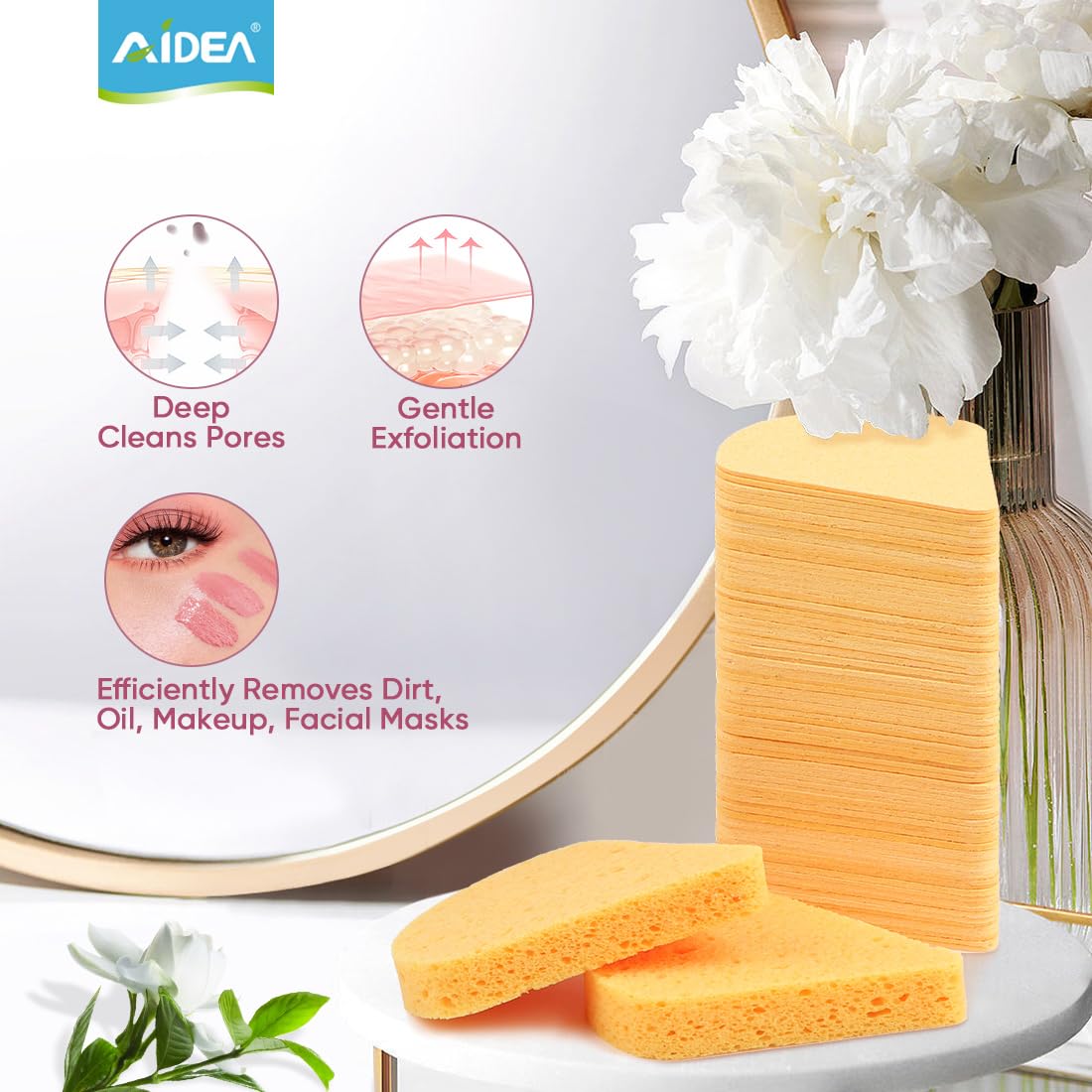 AIDEA Compressed Facial Sponges 48-Count, Disposable Face Sponges, Reusable Makeup Remover Pads, Natural Cellulose Cosmetic Sponges for Facial Cleansing, Exfoliating, Travel Essentials for Women