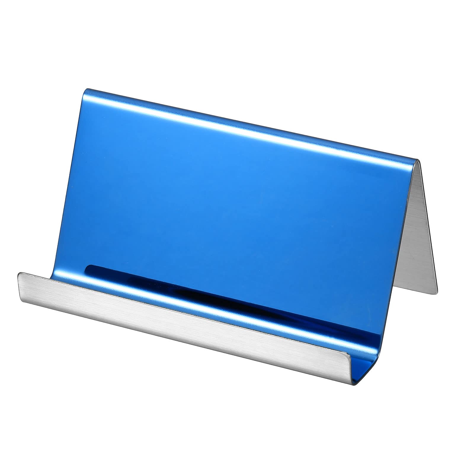 PATIKIL Business Card Holder, Reflective 304 Stainless Steel Desktop Name Cards Display Stand for Office Desk, Blue