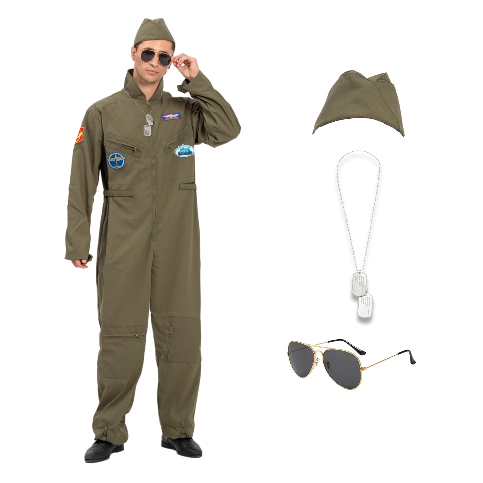 Photo 1 of JAZGROM Men's Fighter Pilot Costume Adult Air Force Flight Jumpsuit With Aviator Hat Military Accessory Halloween Costumes