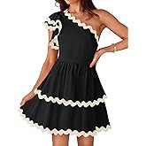 ZESICA Women's 2025 Summer One Shoulder Dresses Ruffle Short Sleeve Tiered Layered Swing A Line Mini Sundress