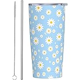 CHASOEA Daisy Tumbler 20oz Floral Flowers Stainless Steel Insulated Tumblers with Lid and Straw Blue Travel Coffee Mug Tea Wine Cups Water Bottle Daisy Gifts for Women