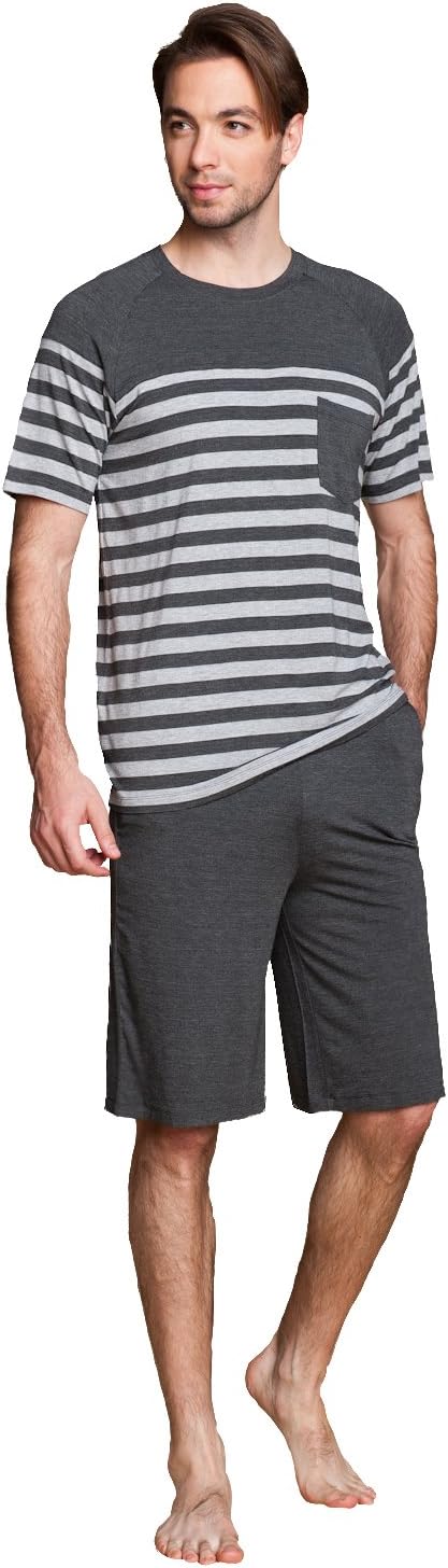 LEMONMOON Mens Short Sleeve Pyjama 2 Piece Classic PJ Set Striped Nightwear Sleepwear Loungewear Size S M L XL (Gray,XL,1005M)