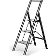 3 Step Ladder Foldable, Aluminum Step Stool with Handrail & Wide Non-Slip Sturdy Treads, Portable Step Stool for Adults, Lightweight Step Ladders for Home, Kitchen, Closet, 330 lbs, Black